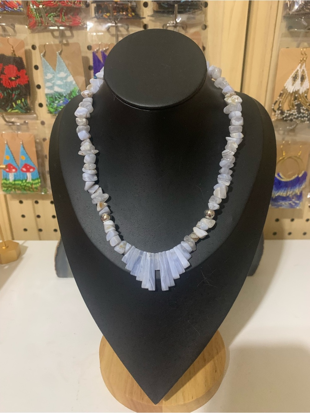 Light Blue Stone Chip Necklace with Fan Pendant - Women Jewelry